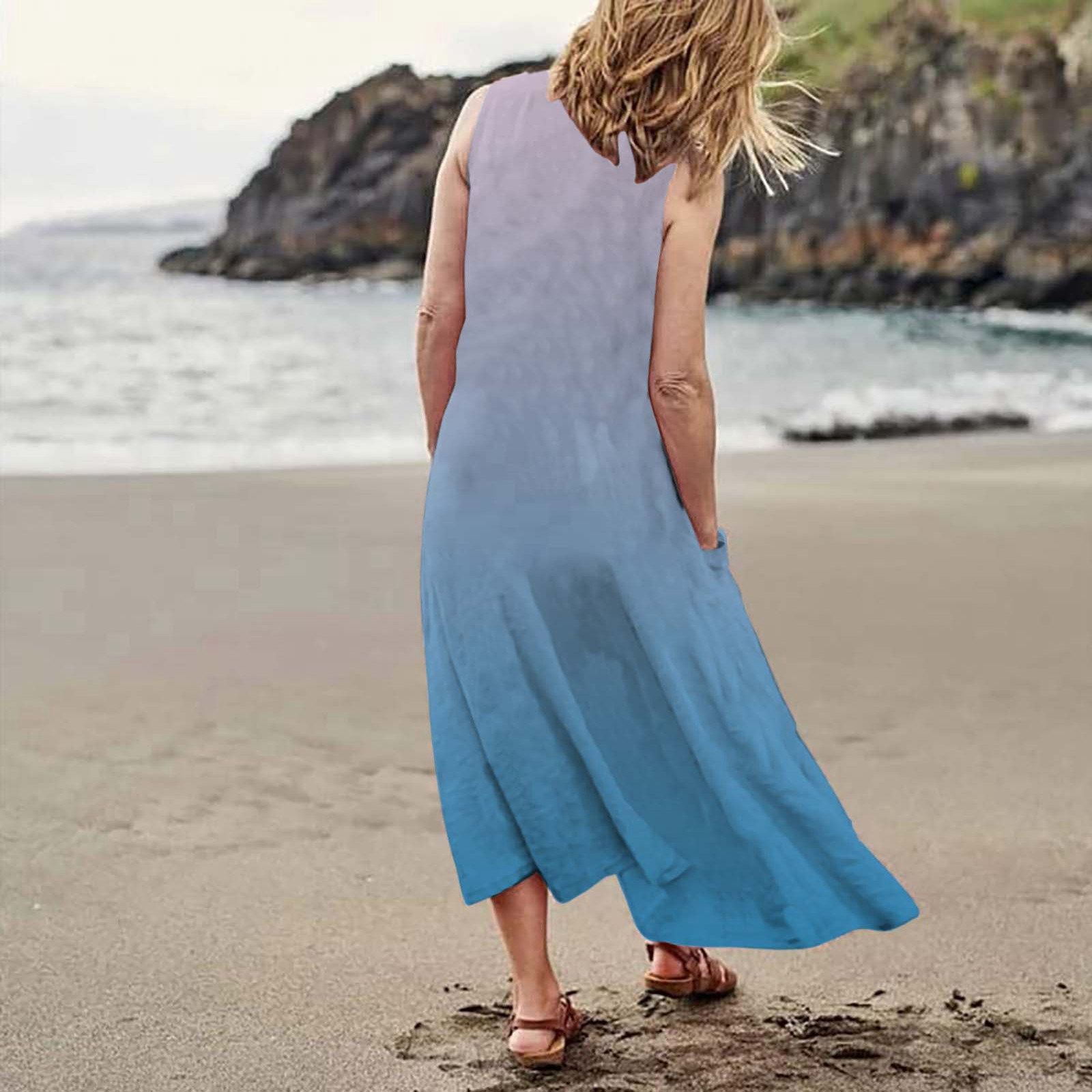 thumbnail image 3 of Vestido largo informal de verano con cuello redondo y estampado degradado para mujer, 3 of 6